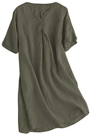 FTCayanz Robe Femme Été Lin Col en V Manches Courtes Ample Casual Midi Robe Tunique Blouse