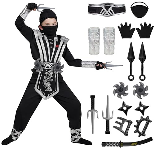 Spooktacular Creations Juego de disfraces de lujo Ninja plateado con accesorios de espuma Ninja juguetes para niños Traje de Kung Fu Ideas de Halloween (M 7-9)