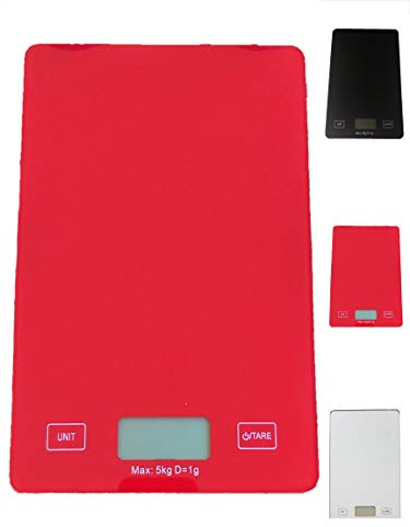 Digitale Küchenwaage, rechteckig, präzise wiegen bis 5 kg, Tara Funktion, LCD screen,Inkl Batterie (Rot, 216x150)