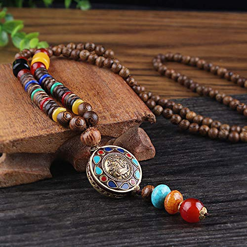THTHT Vintage Collier Sautoir En Perles De Bois Naturel Ethnique Chaîne Chandail Sculpture Statue Bouddha Ronde Simple Bohème Vêtements Unisexe Accessoires