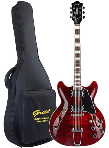 GROTE Jazz Electric Guitar Semi-Hollow Body Trapeze Tailpiece Bridge Guitar Gig Bag (RED)