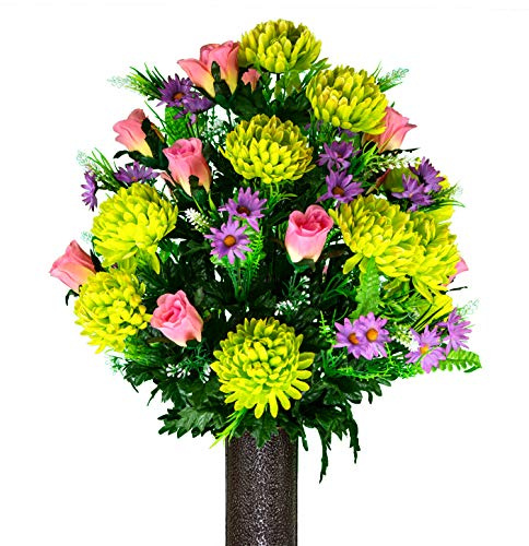 Sympathy Silks Artificial Cemetery Flowers – Realistic Vibrant Roses, Outdoor Grave Decorations - Non-Bleed Colors, and Easy Fit - 1 Lime Mum and Lavender Rose Bouquet