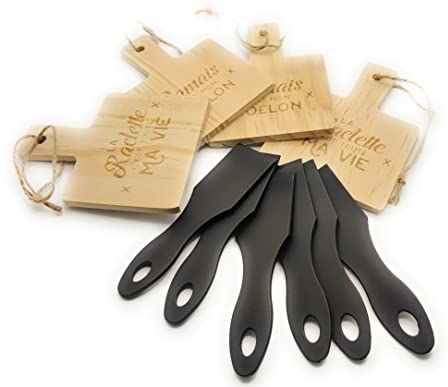 Lot de 6 spatules à raclette nylon + 4 reposes poêlon en bois