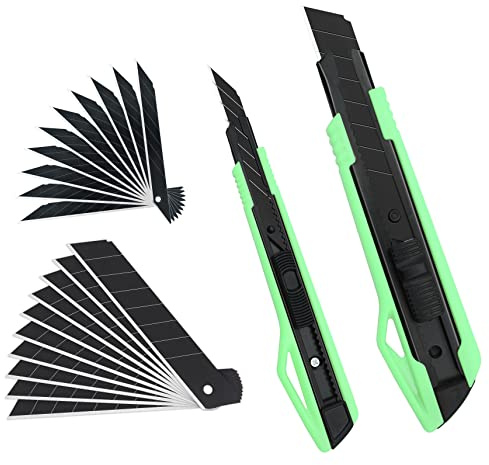 MANUFORE 2 Pack Green Snap-off Utility Knife 9mm 30 Degree Knife and 18mm Knife Set with 20pcs Black Blades for Cutting Paper, cardboard