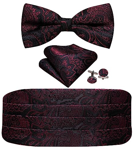Barry.Wang kummerbund fluga set för män, silke kummerbund förbunden fluga ficka fyrkantiga manschettknappar, Svart, rött, en storlek