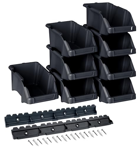 YPC Stapelboxen Set - Schwarz 8 Stück - Sichtlagerboxen 16x9x7cm mit Wandhalterung für Werkstatt & Garage zur Aufbewahrung von Schrauben & Werkzeug