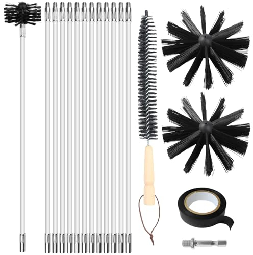 Lvjkes deshollinador de chimeneas, Juego de 16 piezas para limpieza con 12 varillas de 41 cm, 2 cabezas de cepillo de 10 cm, a varilla hexagonal de 4,5 cm, a cepillo con mango de madera de 38 cm