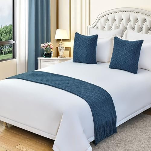 LEEMQCYA Bettläufer und passender Kissenbezug, dunkelblau, Bettläufer, Schals für Fuß, Hotel, Zuhause, Tagesdecke, Betttuch, Bettwäsche, Schutz, Dekoration, Doppelbett/King/Queen