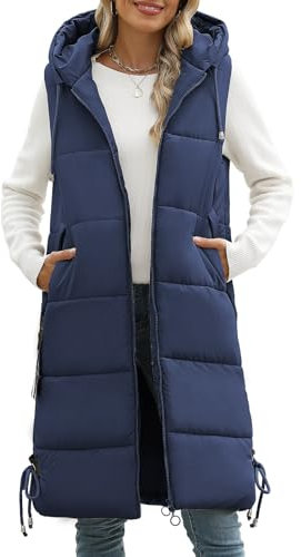 Vancavoo Lange Jacke Weste für Damen Ärmellose Steppweste mit kapuze Daunenweste Übergangsweste Winterjacke Longweste Leichte Warm Gesteppt Winterweste Mänte,Marineblau,L
