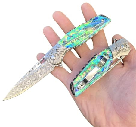 Obespina Couteau Pliant Poche Damas luxe Acier 67 Couches VG10 Damascus lame Tranchante Manche Nacre Collection Cadeau Homme edc chasse abalone liner lock femme camping forge artisanat