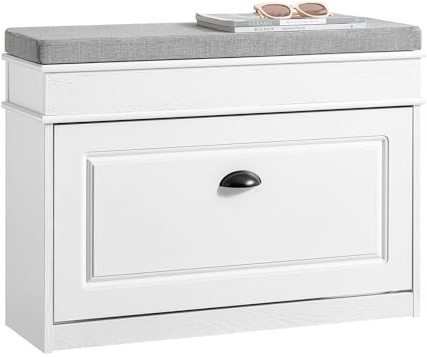 SoBuy Meuble Chaussure Banc d'Entrée - Banc à Chaussures avec Rangement à Abattant et Coussin Rangement Chaussures pour Couloir, Salon 75x24x54cm, Capacité 180kg, Effet Bois Vieilli Blanc, FSR82-L-WG