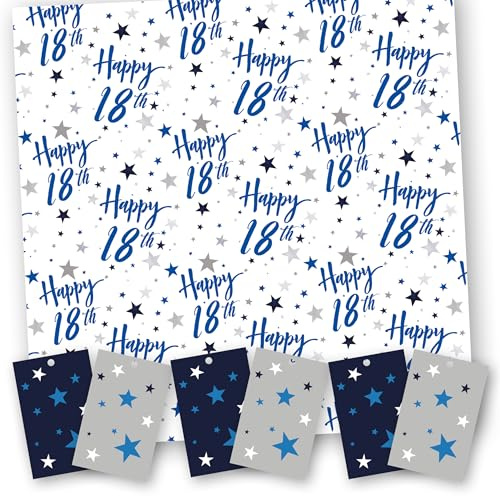 Papel de regalo de feliz cumpleaños número 18. 5 hojas XL (50 x 70 cm). Papel de regalo con etiquetas a juego. Rejilla de corte en el reverso. Fabricado en Reino Unido.