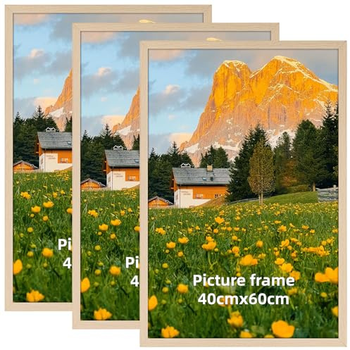 HORLIMER Juego de 3 Marco 40x60, Marco Foto 60x40 de Aluminio Color Madera, Para Colgar en Pared, Se Puede Colgar Tanto en Horizontal/Vertical, Ideal para Oficina, Dormitorio o Galería de Fotos.