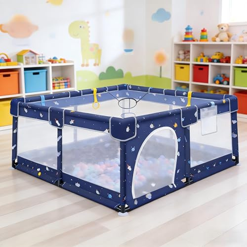 Huracan Parque infantil XXL 130 x 130 x 66 cm, parque infantil grande con alfombra de juegos, parque infantil con red transpirable 210D, ventosas, anillos de tracción, parque infantil para interior y