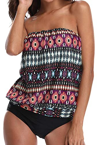 Tankini Cache Maillot de Bain Taille Haute Fleuri Femme 2 Pieces Amincissant Gainant Ventre Plat Sexy Impression Bikini Tankini Bustier Shorty Sport Plage Fête Yacht