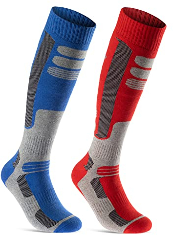 sockenkauf24 2 Paar Skisocken Herren Damen Ski Kniestrümpfe Atmungsaktiv WP (Blau | Rot, 39-42)