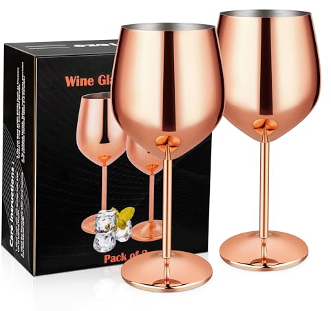 Velaze - Vaso de vino para pie de acero inoxidable irrompible, copa de vino tinto burdeos con acabado de cobre de 2 piezas en color rosa, vasos para mesa en casa