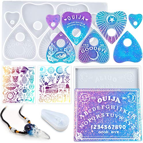 Lot de 5 moules en silicone pour planche à spiritueux et planchette en résine époxy avec pendentif tête de mort de corbeau, films holographiques transparents, collier gothique