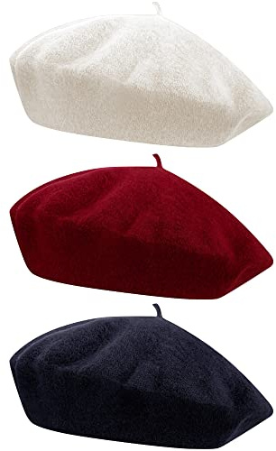 HESTYA 3 Pcs Wool Beret Hat French Style Wool Beanie Cap Solid Color Winter Hat for Women and Girls Casual Use (Navy,White,Burgundy)