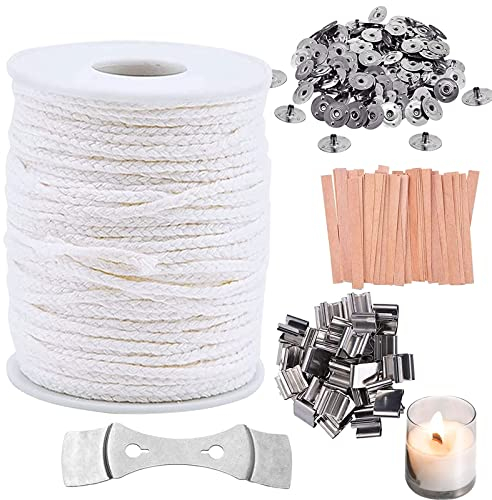 Seasboes 61m Kerzen Dochten, Geflochtene Flachdocht, Naturkerzendocht, Kerzen DIY Kit mit 1 Metallhalterung, 100 Eisenbleche + 25 Holz Kerze Docht Kit, Naturkerzendocht für DIY Kerzenherstellung