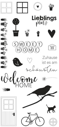 Rayher Clear Stamps Welcome Home, bågstorlek 97 x 205 mm, 23 motiv, transparenta stämplar, genomskinliga, klara silikonstämplar, 50276000