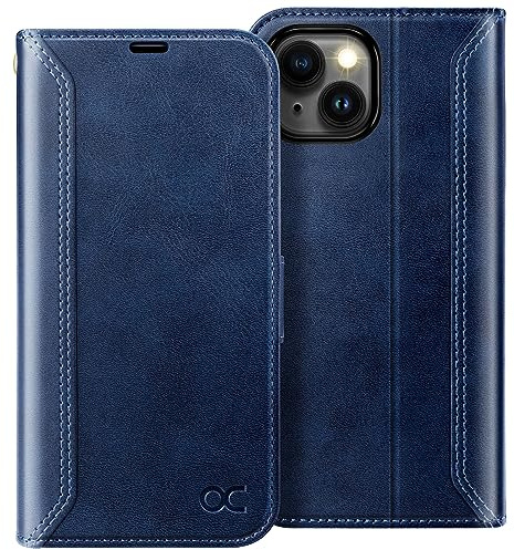 OCASE for iPhone 15 Case, Premium PU Leather Wallet, Blue Retro