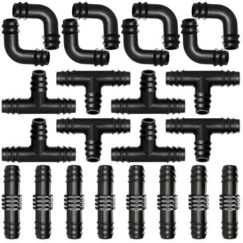 VooGenzek 24 Stücke 16mm Bewässerung Verbinder Kit, Kunststoff Tropfbewässerungsschlauch Verbindungsstücke, Tropfschlauchverbinder, Schlauch Verbinder für Bewässerung System, T-Stücken, Gerade, Bögen