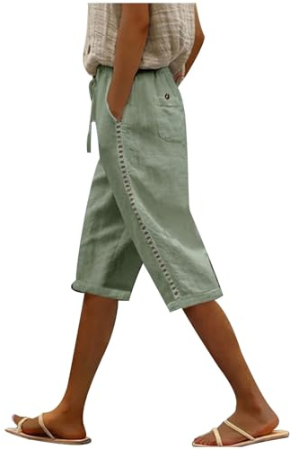 Women's Cotton Linen Elastic Waist Shorts With Drawstring - Summer Casual Lounge Pants With Pockets and Lace Stitching