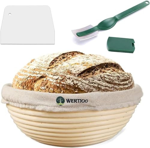 WERTIOO Gärkörbchen - 23cm Rundes Gärkorb zum Brotbacken, 100% Banneton Sauerteigbrotkorb, Brotgärkörbchen mit Brotschaber Brotmesser Leinenbezug, für Hausgebrauch und professionelles Backen optimal