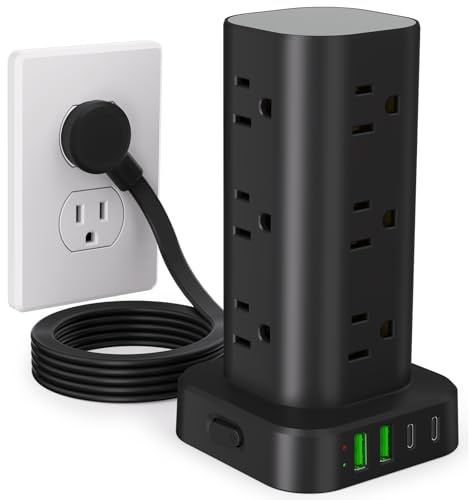 Power Strip Tower with Multiple Outlets, Flat Plug Surge Protector Tower Extension Cord with 12 AC Outlets 4 USB Ports (2 USB C), 6FT Cord Power Tower Surge Protector for Home Office Dorm Room, Black