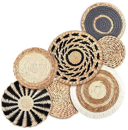 DAGLLGEW DéCoration Murale TisséE Ronde 7pcs Fleur De Rotin DéCor Boho DéCor De Panier Mural Tissé Rustique Naturel Art Mural Boho pour Chambre à Coucher DéCoration Murale du Salon