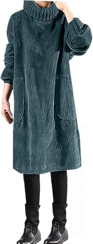 Robe d'hiver en velours côtelé épaissie pour femme robe mi-corps en velours côtelé épaissie à col haut robe mi-longue en velours côtelé épaissie (4TG,Bleu)