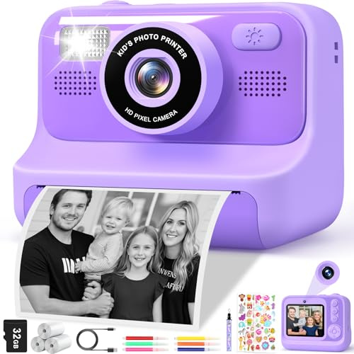Subtail Kid Camera Instant Print-2.4''Instant Camera for Kid with 32GB Card | 3 Rolls Print Paper - 1080P Selfie Kids Digital Cameras - Birthday Kids Toys Gifts for Girls Boys Aged 3-12 - Purple