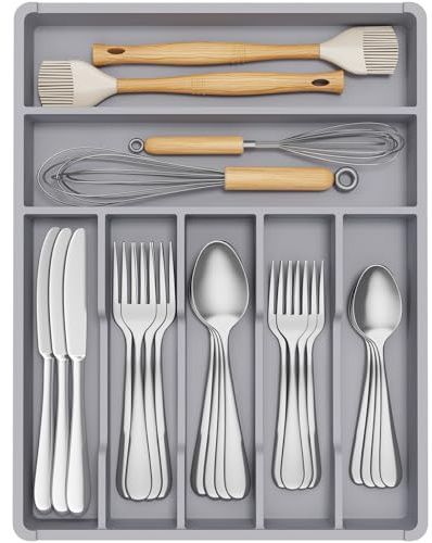 Lifewit Bestickinsats för lådor smal, 31 x 41 x 4,6 cm besticklåda, 7 fack, förvaringslådor, bestickhållare för kök, litet konstmaterial, bestickkorg för sked/gafflar, kniv, grå | Bestick och redskapshållare avdelare för skedar gafflar knivar servis, 31 x 40 cm, 7 spår, grå