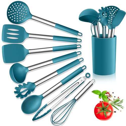 Herogo Lot de 9 ustensiles de cuisine en silicone avec poignée en acier inoxydable, résistant à la chaleur, spatule, cuillère tournante avec support, antiadhésif, facile à nettoyer, bleu
