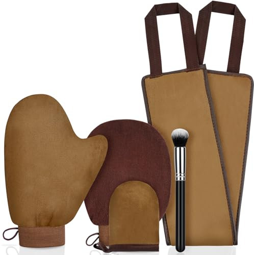 LOPHE Self Tanning Mitt Applicator Set, Brown Double Sided Self Tanning Glove with Mini Tanning Glove, Exfoliate Mitt, Face Tanning Brush, Microfiber Back Lotion Applicator Apply Lotion