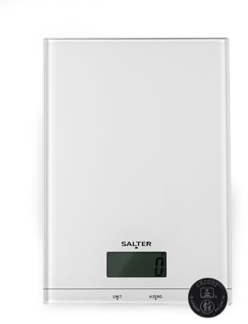 Salter Glass Digital Kitchen Scale – Electronic, Add & Weigh Tare Function, LCD Display, Measures Liquids, 5kg Capacity, Easy to Clean, Cooking, Food/Baking, White