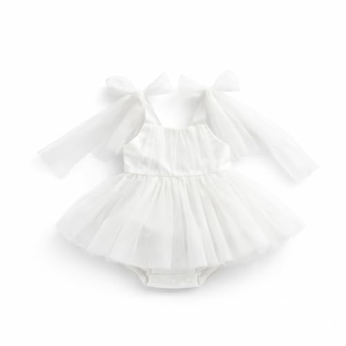 SolyLuby Baby Girl Dress, Infant and Toddler Sleeveless Princess Tutu Dress, Newborn Tulle Romper Dress with Bow Design for Wedding & Birthday Party & Holiday Photography, White Dress for 0-24 Months