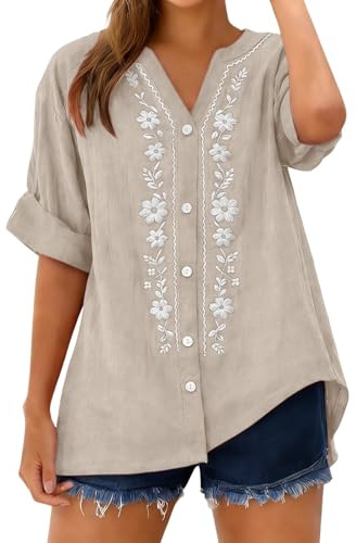 riou Camisas Mujer Verano Manga Corta Algodón y Lino Talla Grande Mode Cuello V Vintage Bordado Camiseta Basica Ligera Primavera Blusas y Camisas Original Fiesta Tops T-Shirt tee