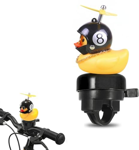 GWEOR Sonnette Velo Canard Jaune avec Casque et Hélice, Klaxon Velo Enfant Puissant pour Adultes, Mini Sonnette Velo pour VTT, Trottinette, Tricycle & Draisienne, Cadeau d’Anniversaire