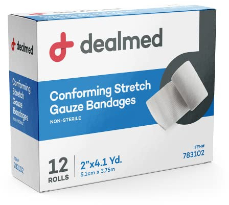 Dealmed Vendas de gasa elástica no estéril de 2 pulgadas, vendas de gasa estiradas sin látex, vendas de malla médicas no adherentes para el cuidado de heridas (caja de 12 rollos)