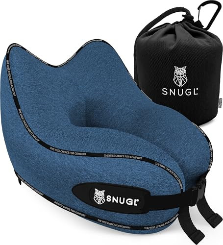 SNUGL Travel Pillow – Memory Foam Neck Pillow for Travel – Support Cushion for Airplane with Carry Bag & Clip - Holiday Essentials (Marlin Blue - Adult Regular)