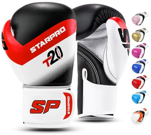 Starpro T20 Gants de Boxe en Cuir Synthétique. Gants de Formation Professionnelle en Muay Thaï, Kickboxing, Fitness et Boxercise, pour Hommes & Femmes. 8 Oz 10 Oz 12 Oz 14 Oz 16 Oz