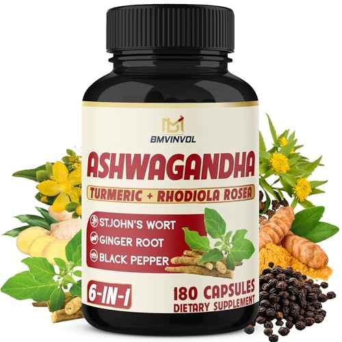Ashwagandha Capsules with Turmeric, St.John's Wort, Rhodiola Rosea, Ginger, and Black Pepper - 180 Count - 6 Month Supply