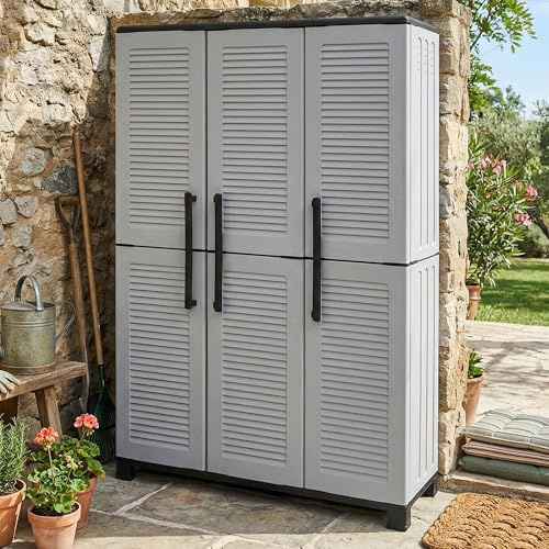 Dmora - Armadio da esterno Nandrin, Mobile porta scope, Armadietto da esterno 3 ante, 100% Made in Italy, 102x37h169 cm, Grigio chiaro e Nero, Finitura righe