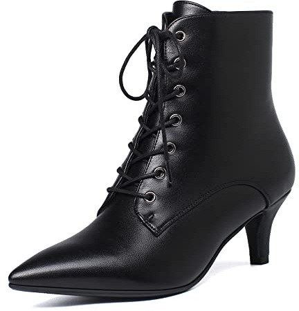 SEIFIN Women's Kitten Heels Lace Up Ankle Boots Low Mid Heeled Side Zipper Short Booties Pointed-toe Shoes(Black pu,us 7.5)