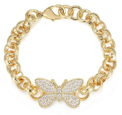 Gold Butterfly Belcher Bracelet with Clear CZ Stones, 8-Inch 8mm Belcher Chain, PVD Gold Plated – Bling King London