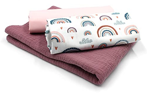 VmG-Store Muslin + bomullstyg, set färgkoordinerat, dubbelt Gauze-tyg, 100% bomullstyg, Tex Standard 100 (Set09 pastell, regnbåge, vit)