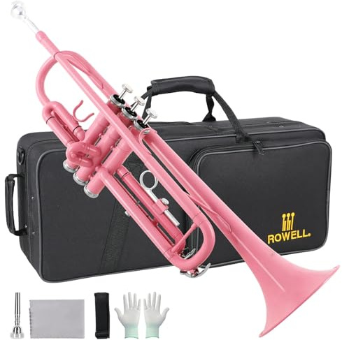 ROWELL Bb Standard Trumpet Professional Brass Trumpets for Beginner Standard Student Trumpet Set with Hard Case,7C Mouthpiece,Cleaning Kit,Gloves(Pink)