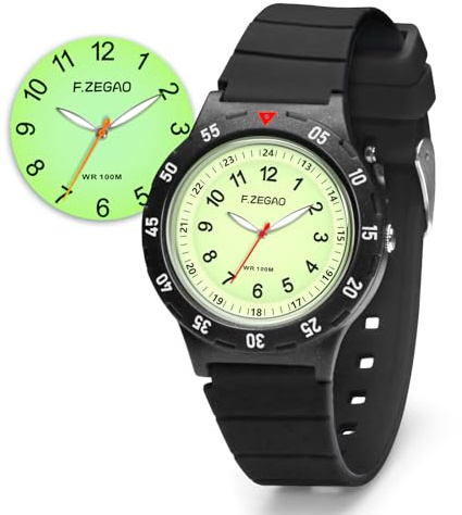 F.ZEGAO Waterproof Kids Analog Watch with Rotatable Dial, 5-12 Age, Green